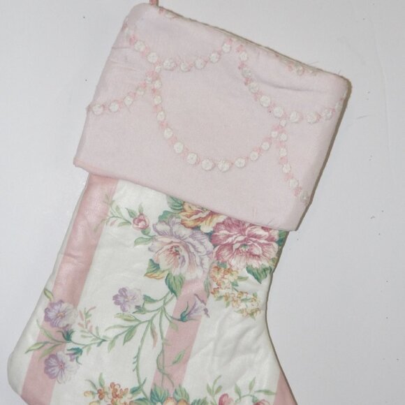 Pink Floral Stripe 14" Hand Crafted Christmas Stocking Pink Cord to Hang - Picture 2 of 5